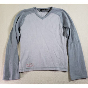 Bonfire‎ Sweater Womens Large L Gray Logo Knit Raglan Sleeve Fit V-Neck Pullover